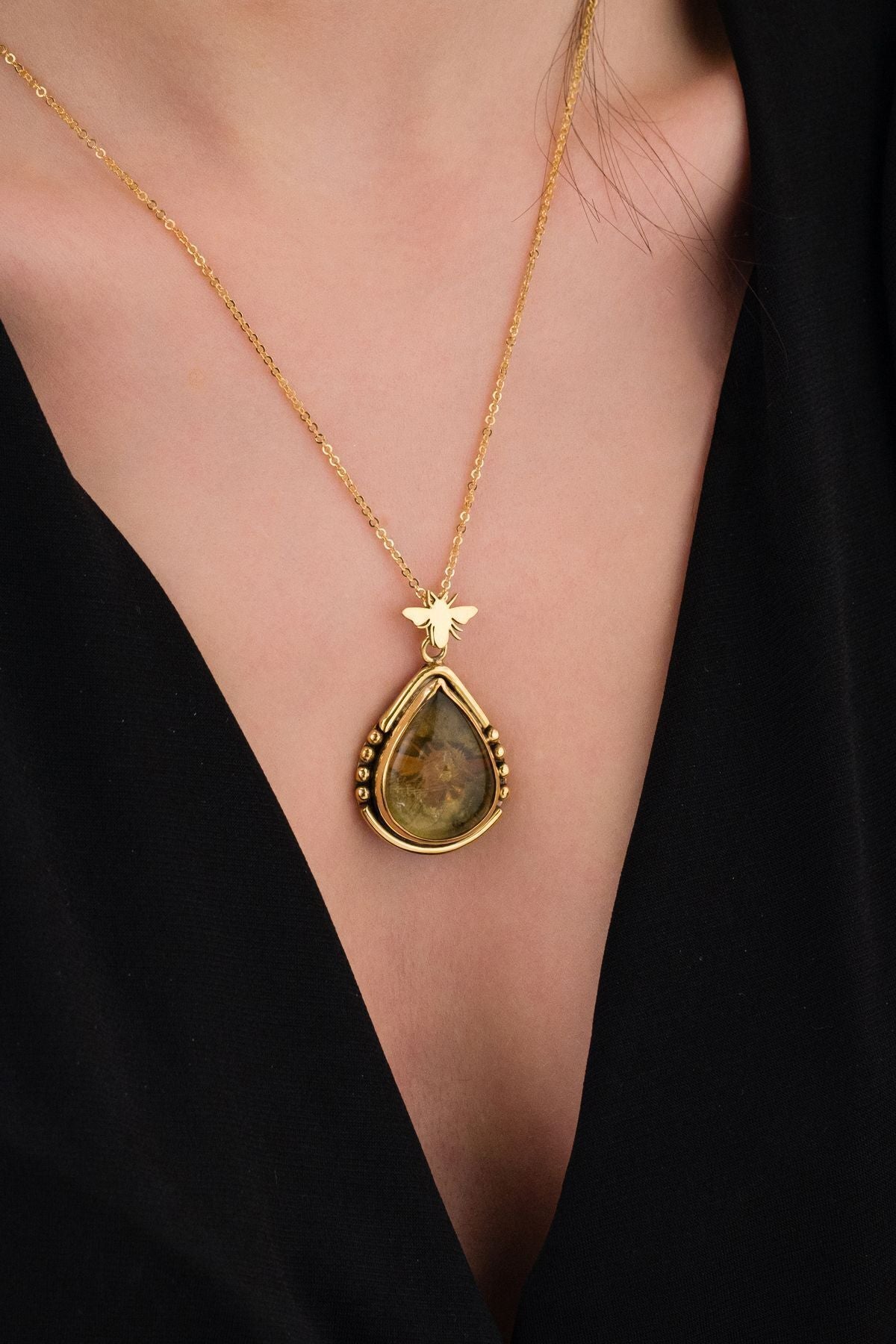 14 K Gold Kaplama 925 Ayar Gümüş Doğal Sitrin Taşlı Arı Antik Kolye