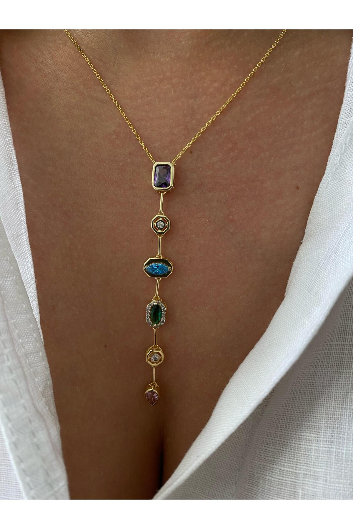 14K Gold Plated 925 Sterling Silver Colorful Stone Y-Necklace
