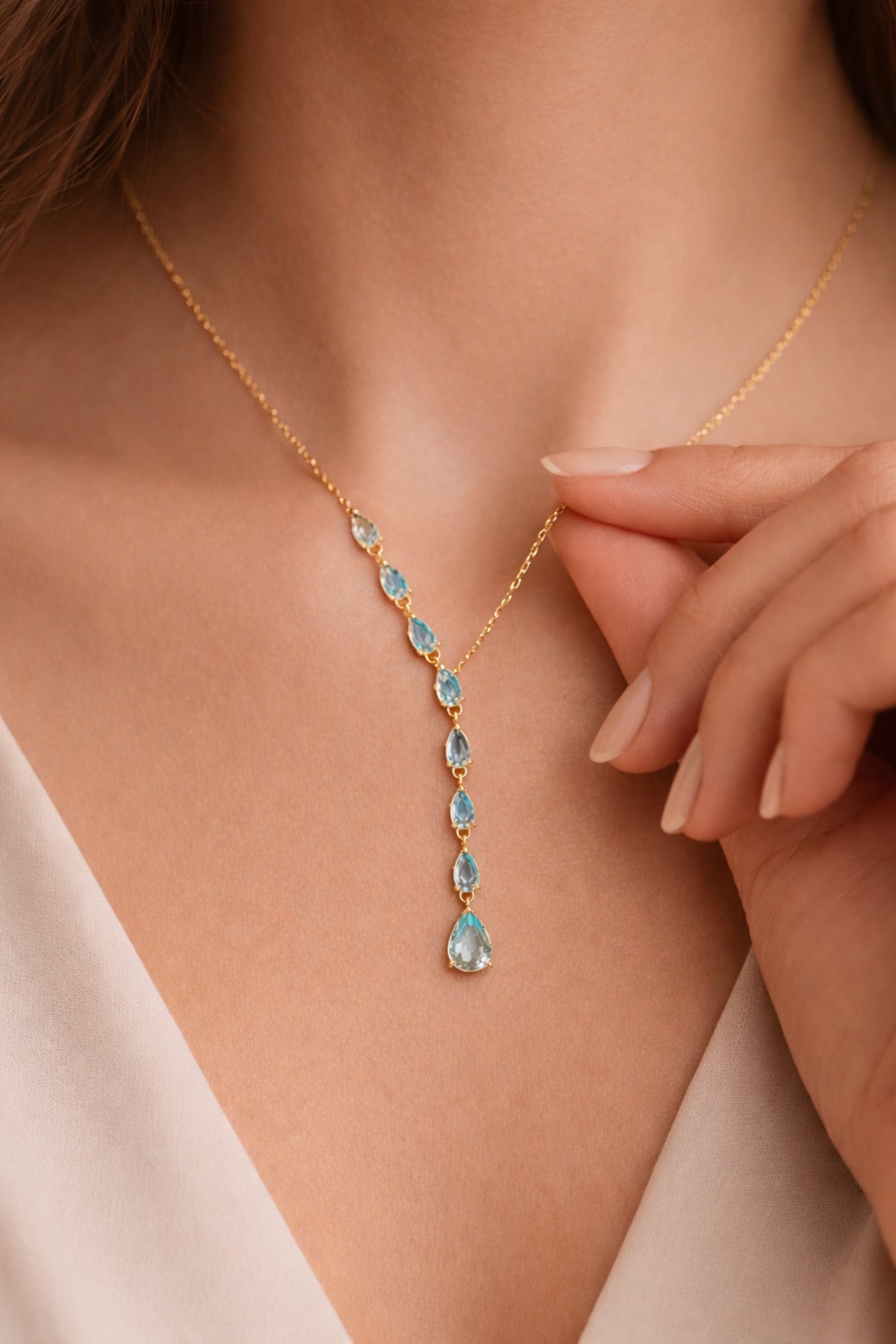 14 K Gold Kaplama 925 Ayar Gümüş Aquamarin Y Kolye