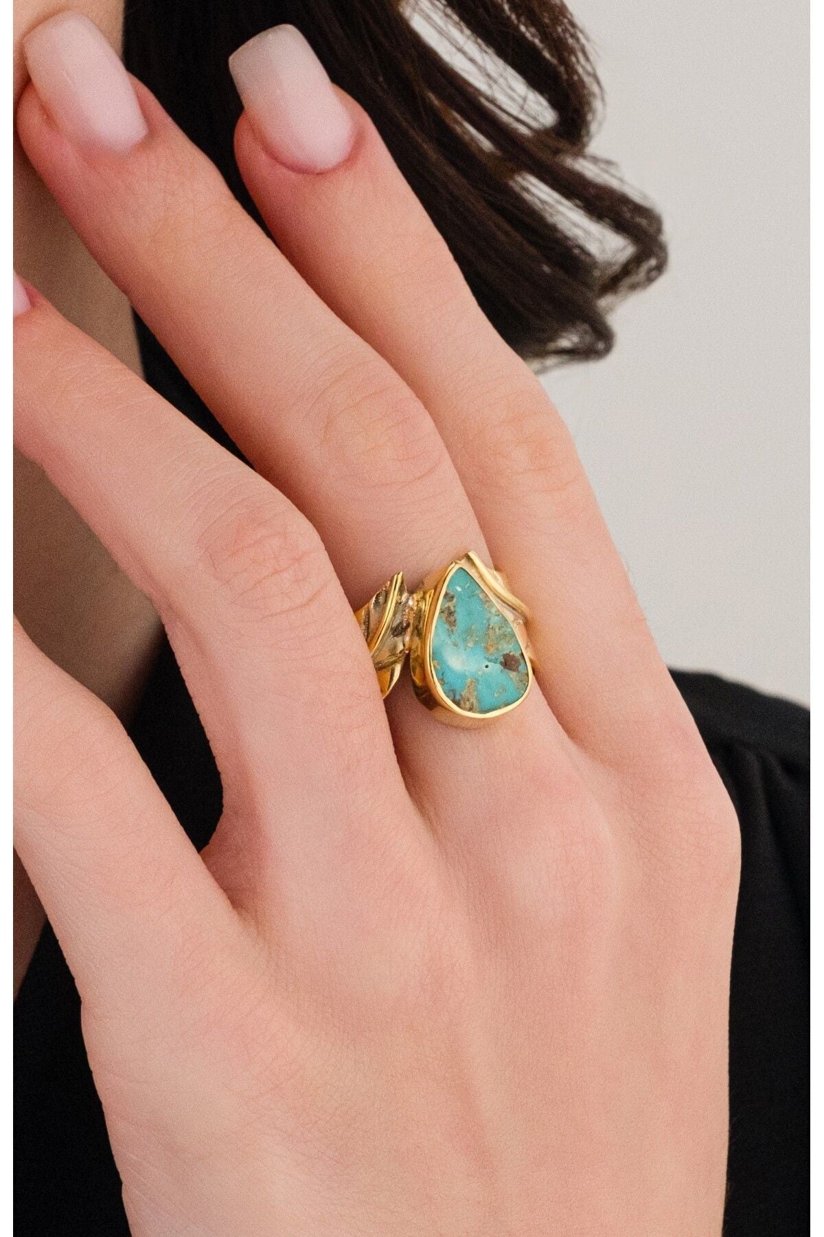 14K Gold Plated 925 Sterling Silver Natural Turquoise Antique Design Leaf Ring