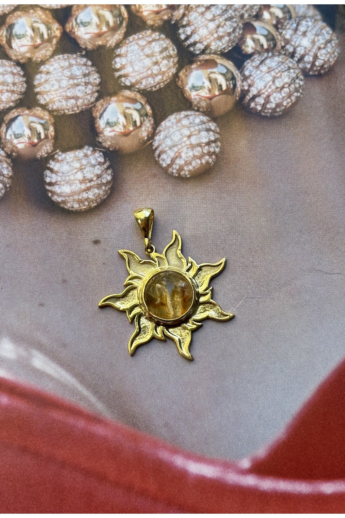 14 K Gold Kaplama 925 Ayar Gümüş Sitrin Güneş Tasarım El İşi Kolye