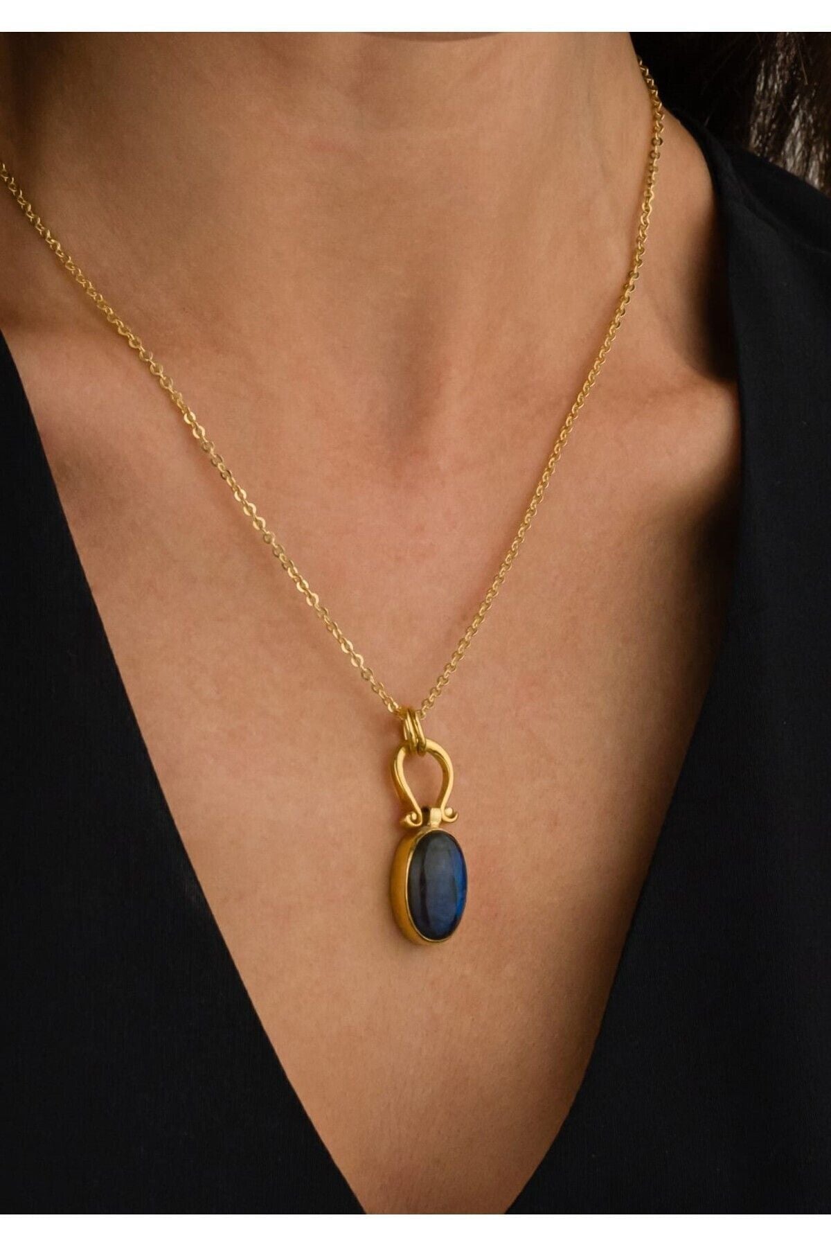 14 K Gold Kaplama 925 Ayar Gümüş Doğal Labradorite Kolye