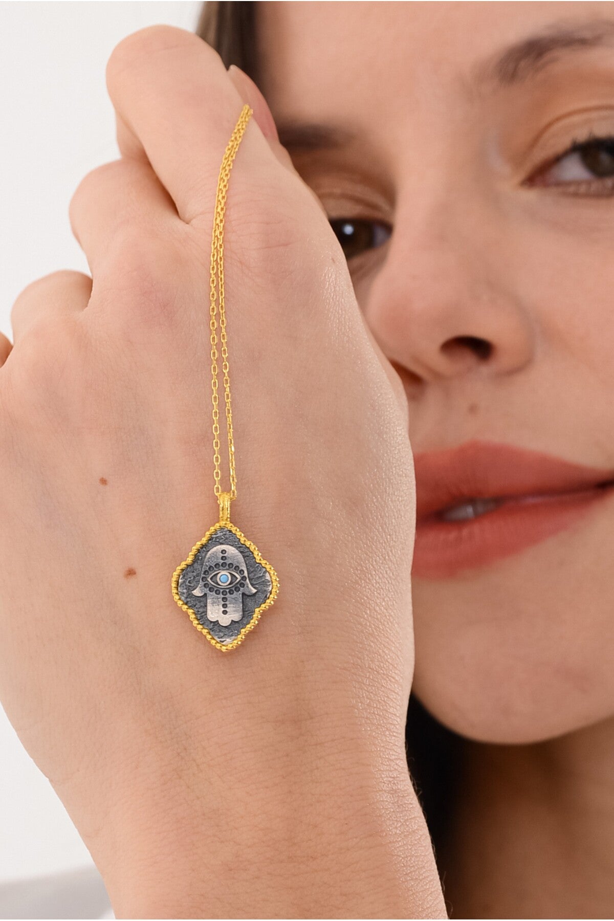 14 K Gold Kaplama 925 Ayar Gümüş Firuze Hamsa Kolye