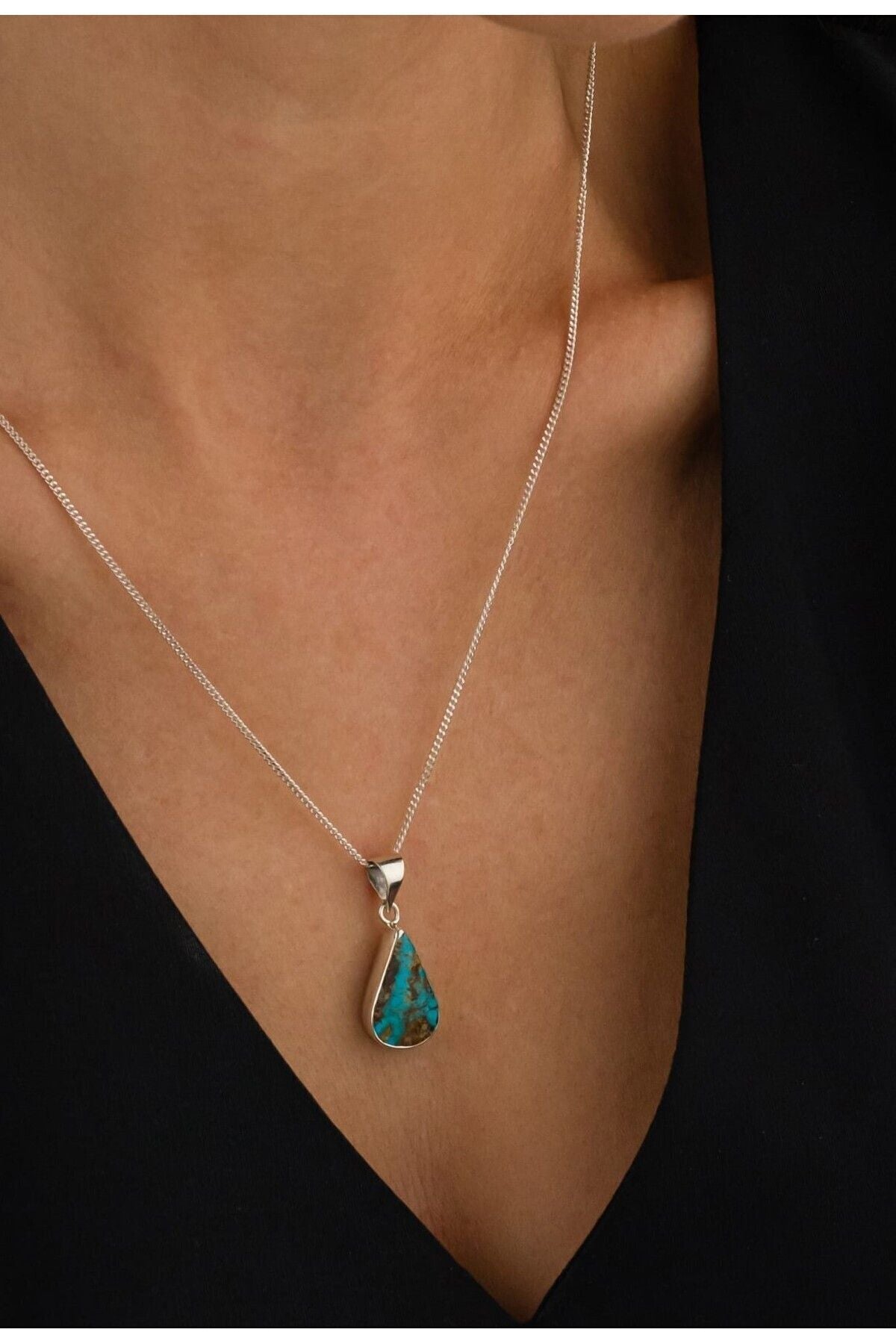 Handmade Silver Necklace with Natural Turquoise Stone