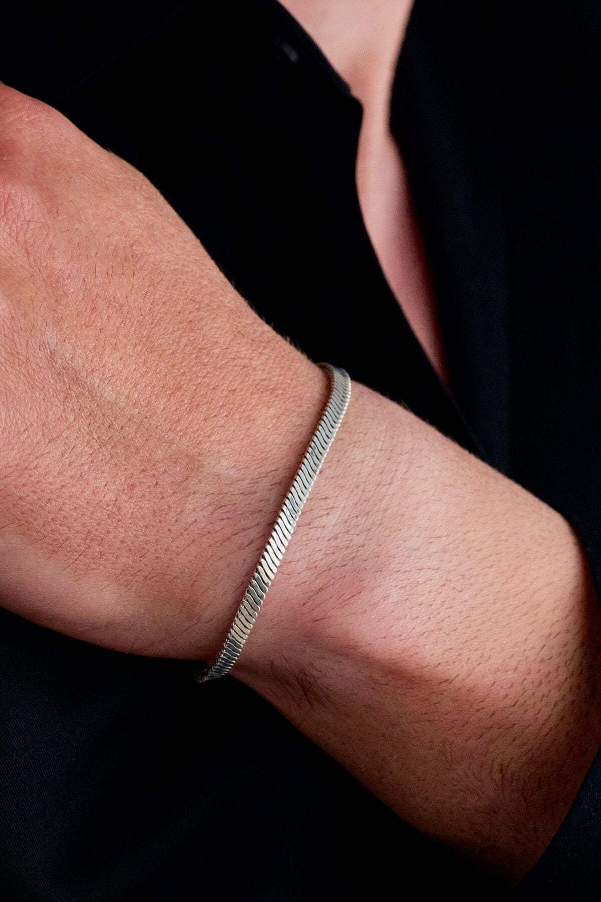 925 Sterling Silver Flat Italian Snake Oxidized Bracelet