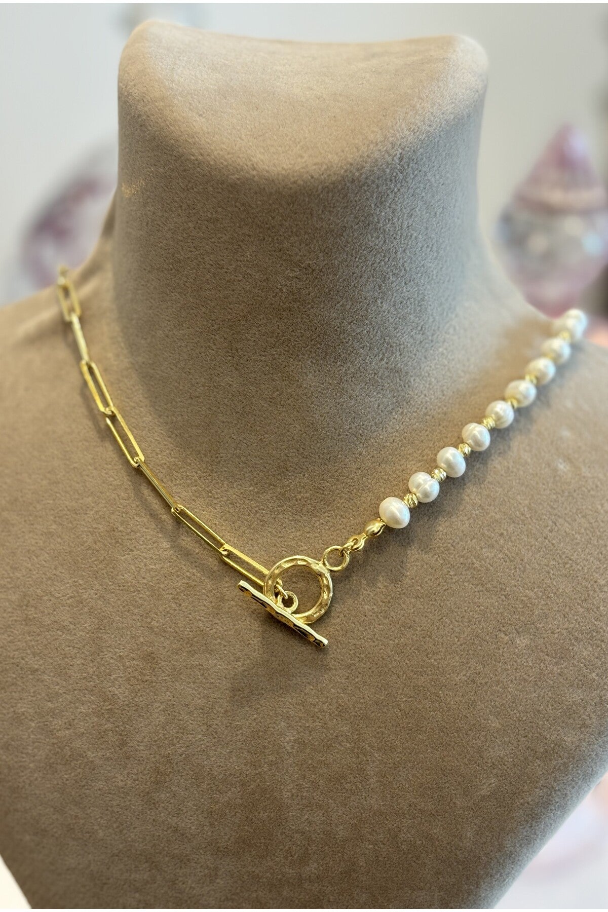 14 K Gold Kaplama 925 Ayar Gümüş T Kilit Doğal İnci Kolye