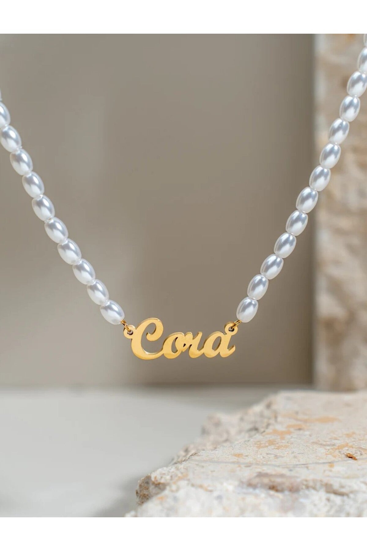 14 K Gold Kaplama 925 Ayar Gümüş Organik İnci İsim Kolye
