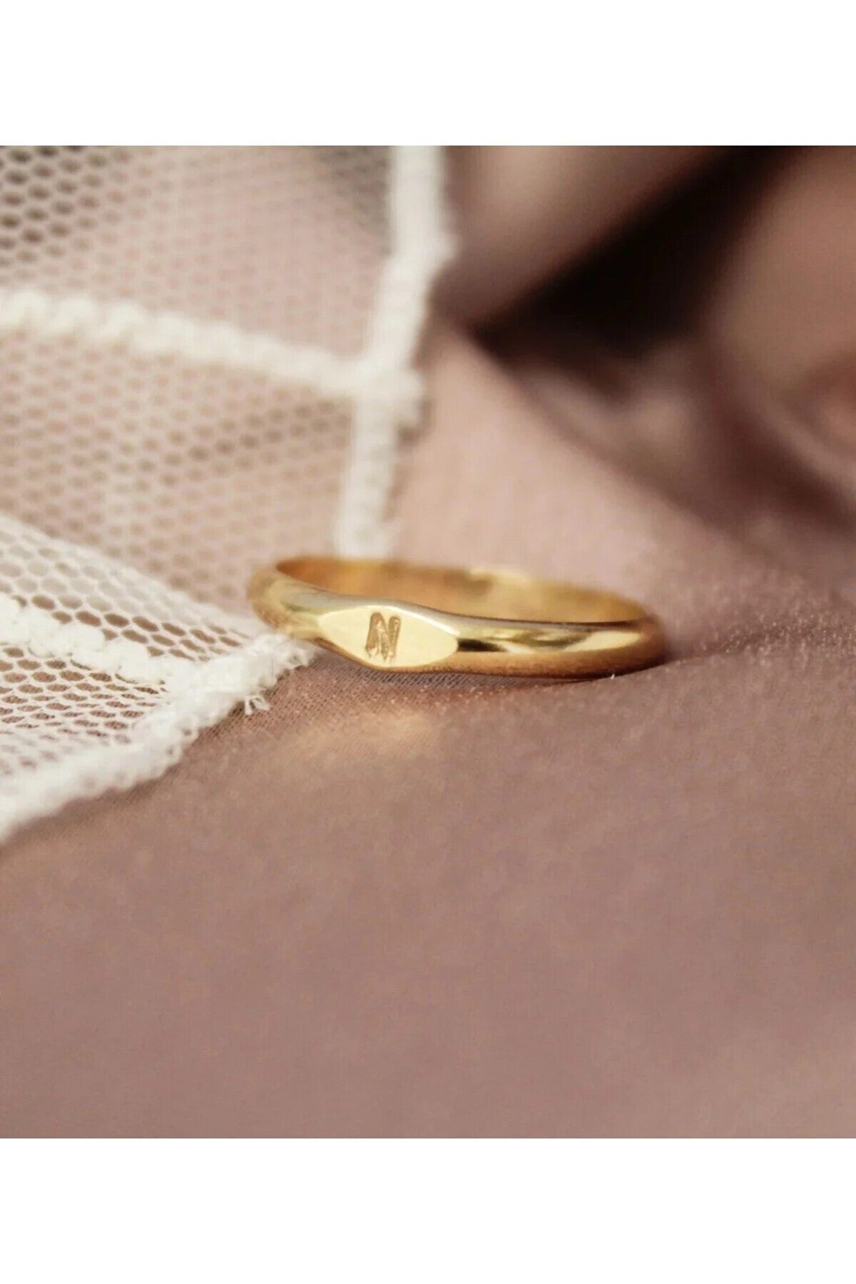 14 K White Gold Kaplama 925 Ayar Gümüş Minimal Harf Yüzük