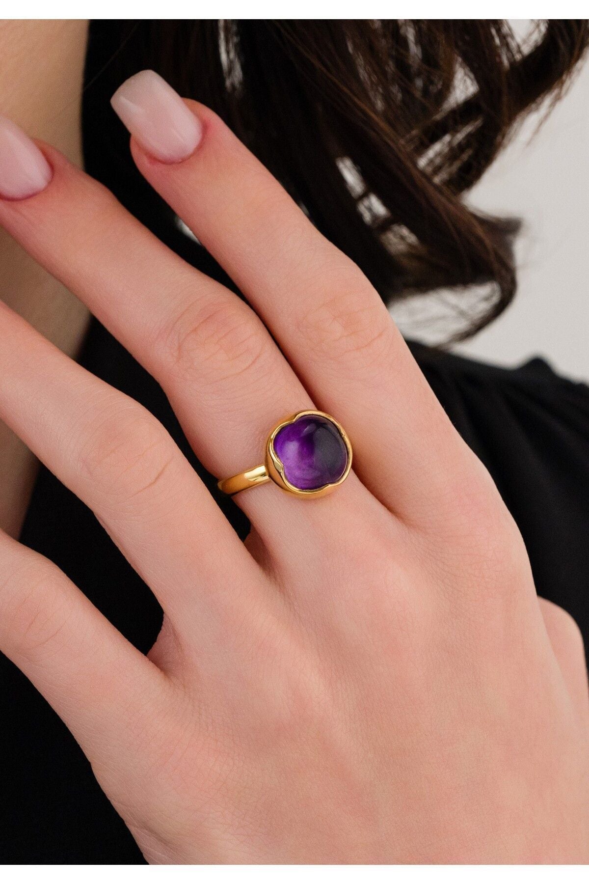 14 K Gold Kaplama 925 Ayar Gümüş Ultra Temiz Doğal Ametist Antik Yüzük