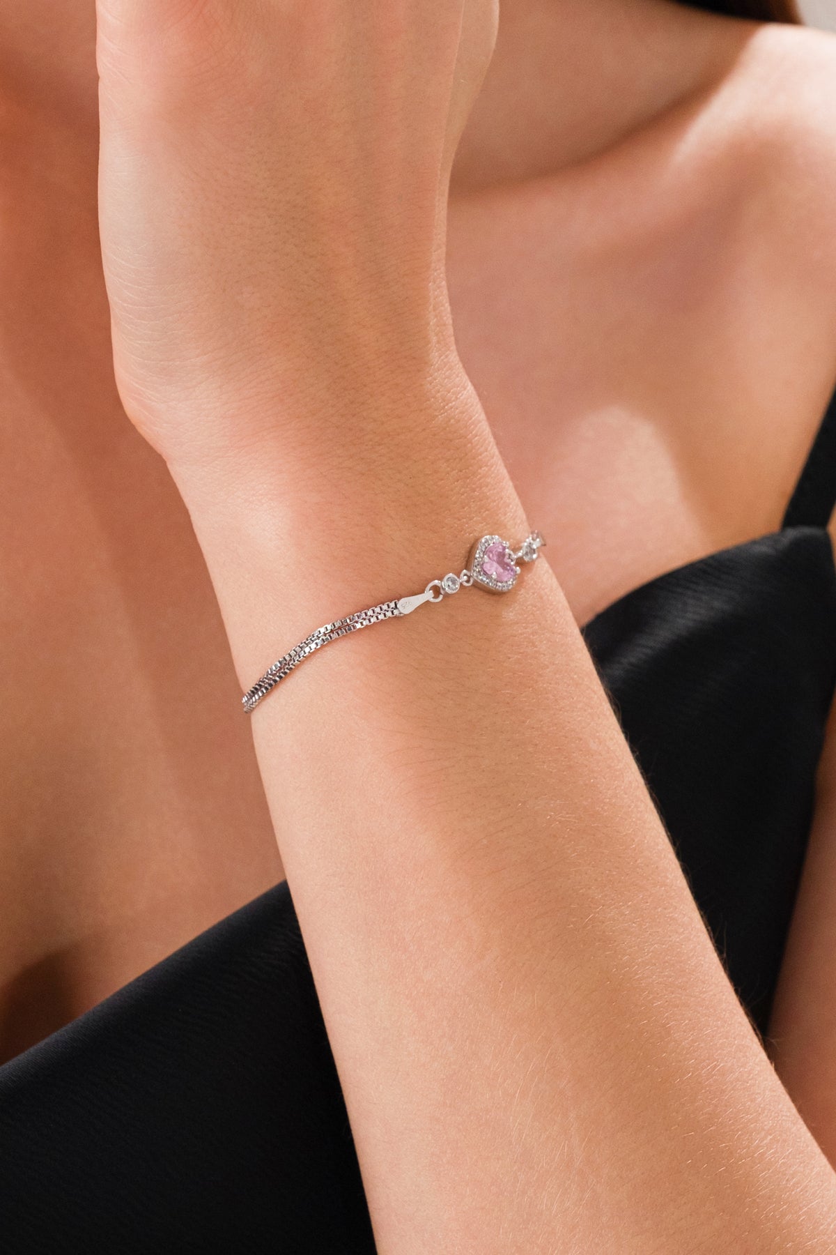 14 K White Gold Kaplama 925 Ayar Gümüş Pembe Kalp Bileklik