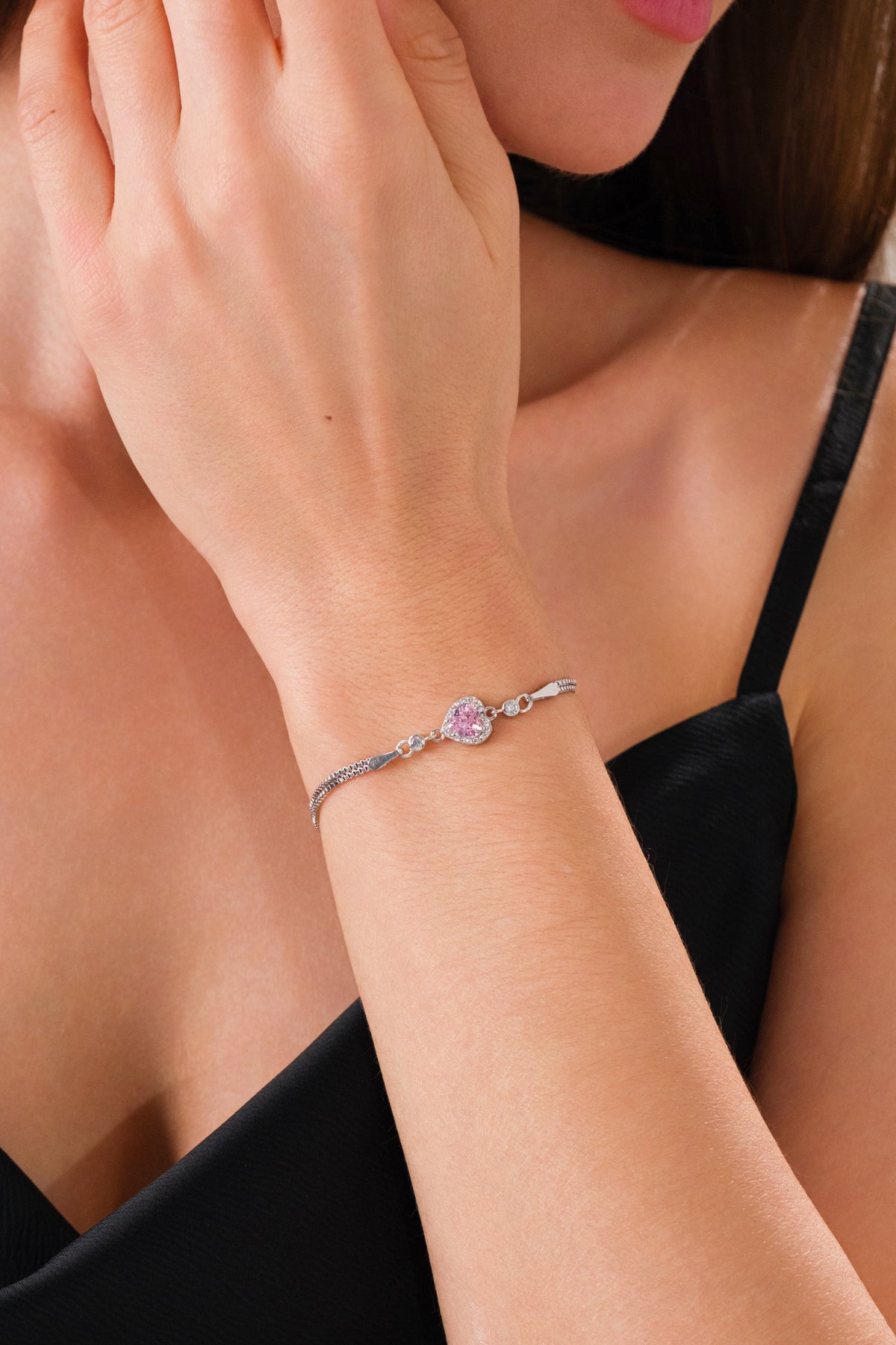 14 K White Gold Kaplama 925 Ayar Gümüş Pembe Kalp Bileklik