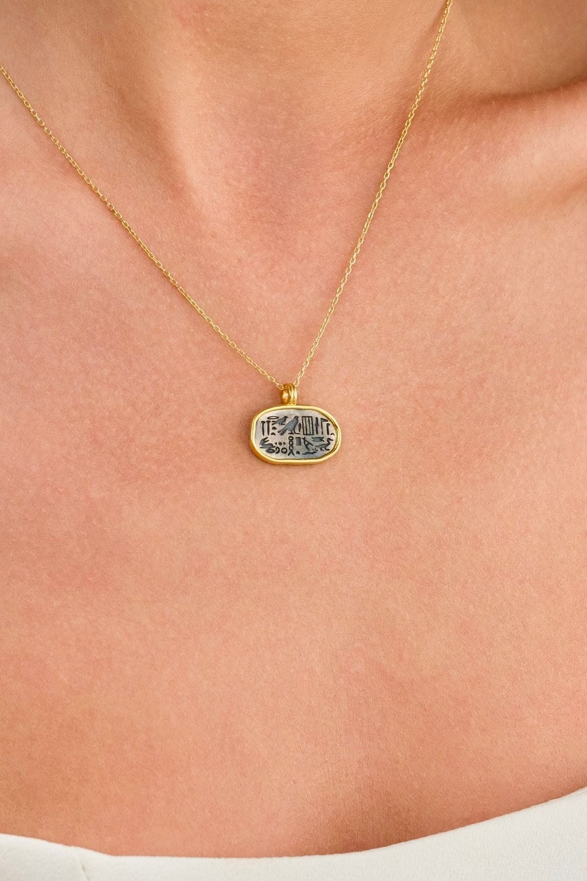 14 K Gold Kaplama 925 Ayar Gümüş El Işi Hieroglif Kolye