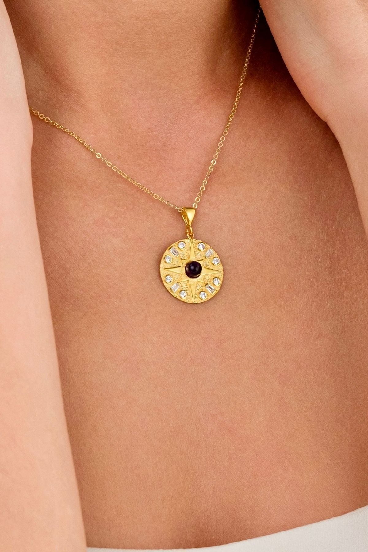 14 K Gold Kaplama 925 Ayar Gümüş Ametist Taşlı Kolye
