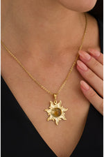 925 Sterling Silver Medallion Sun Motif Shiny Citrine Gold Necklace