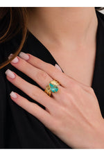 14K Gold Plated 925 Sterling Silver Natural Turquoise Antique Design Leaf Ring