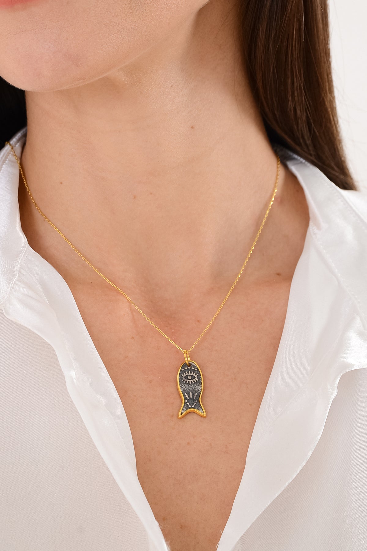 14 K Gold Kaplama 925 Ayar Gümüş El Yapımı Mistik Balık Kolye