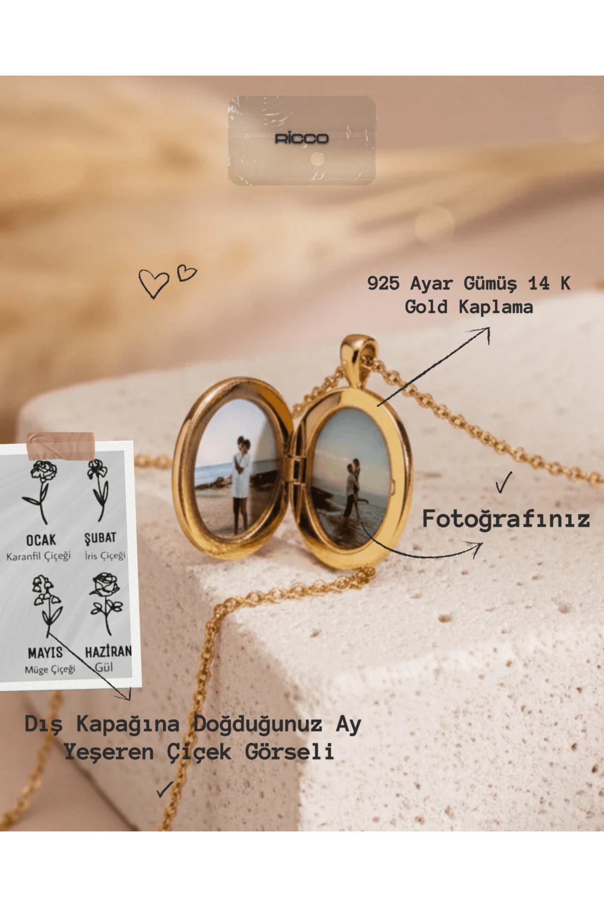 14 K Gold Kaplama 925 Ayar Gümüş Kişiye Özel Kapaklı Fotoğraflı Kolye