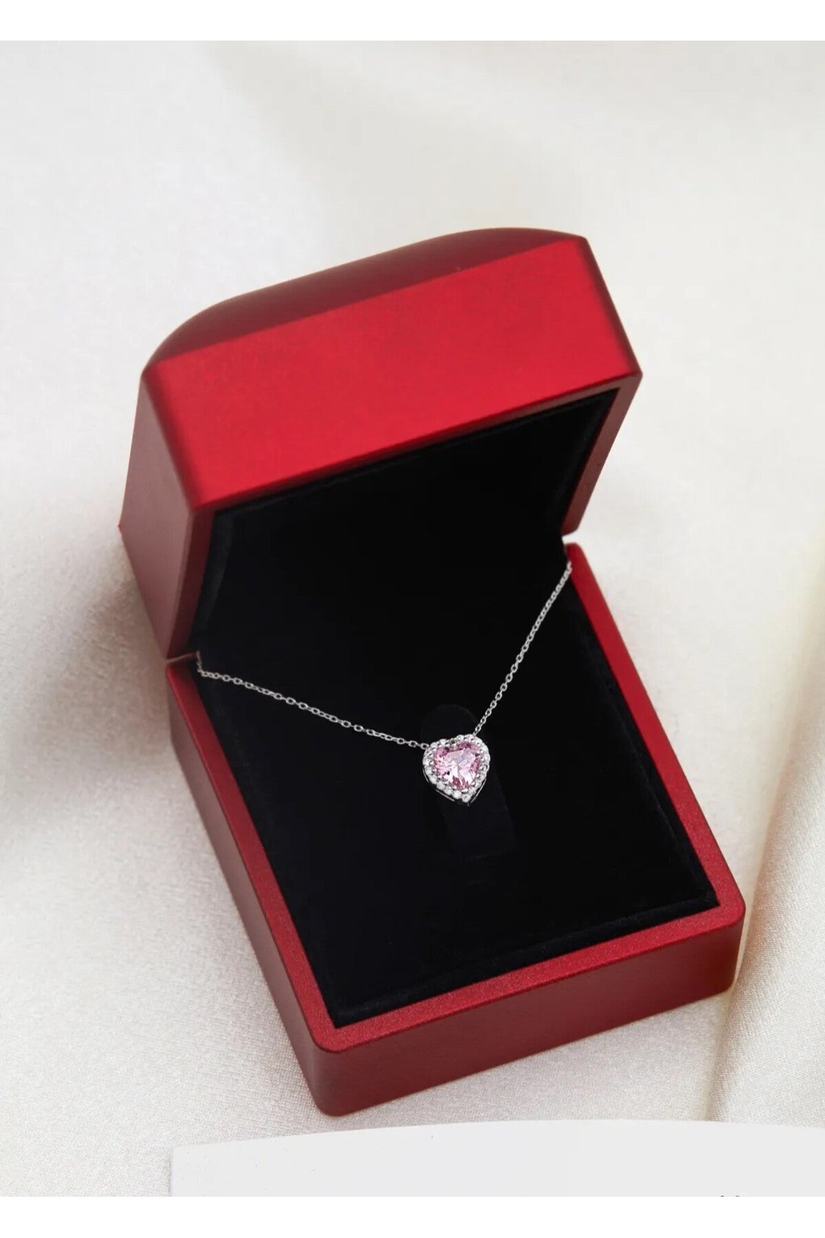 14K White Gold Plated 925 Sterling Silver Pink Quartz Heart Necklace - Shipped in Illuminated Box
