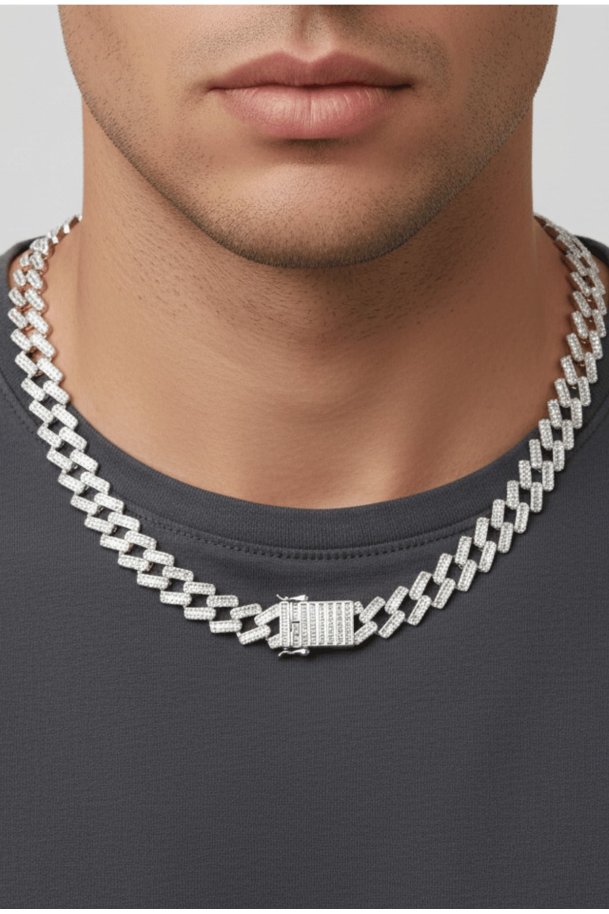 14 K White Gold Kaplama 925 Ayar Gümüş Miami Cuban Choker Kolye