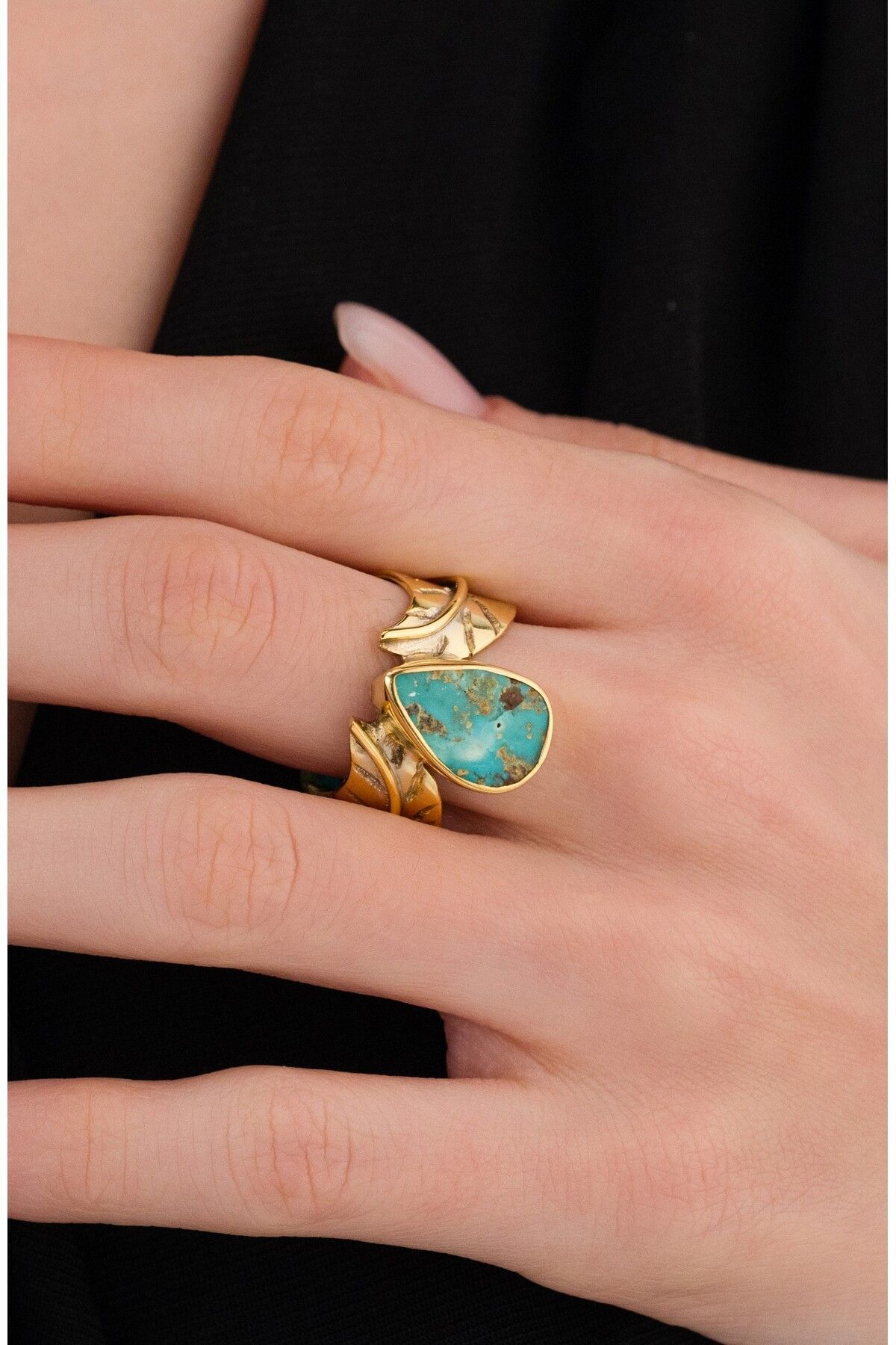 14K Gold Plated 925 Sterling Silver Natural Turquoise Antique Design Leaf Ring