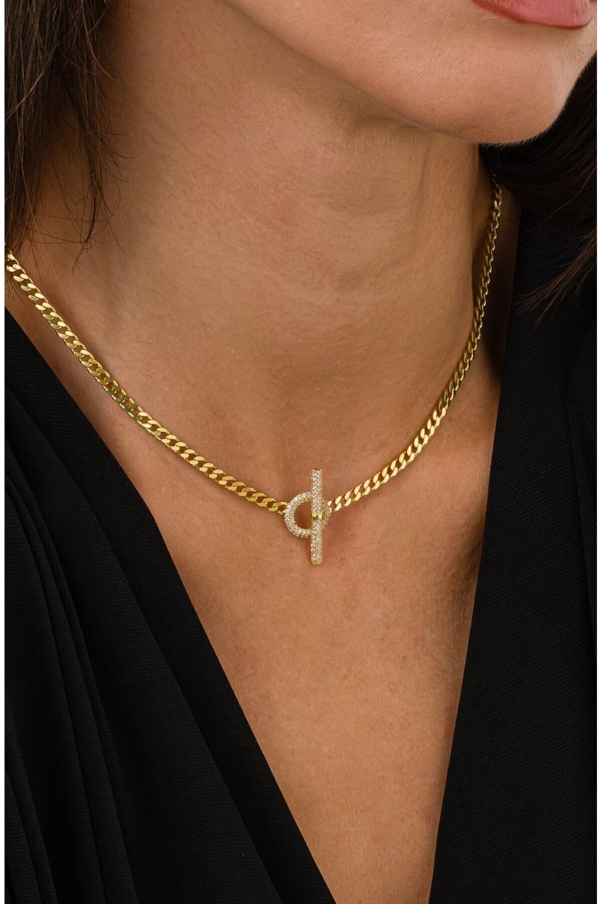 14 K Gold Kaplama 925 Ayar Gümüş Kolye Choker Gurmet T Kilit Kolye
