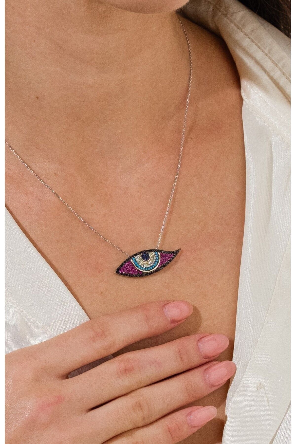 14K White Gold Plated 925 Sterling Silver Protective Evil Eye Necklace