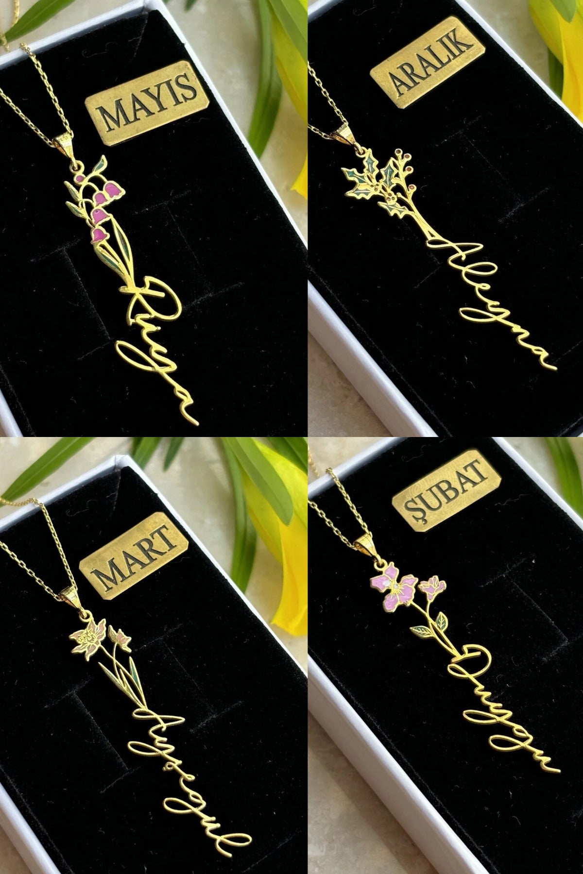 14K Gold Plated 925 Sterling Silver Birth Month Flower Name Necklace