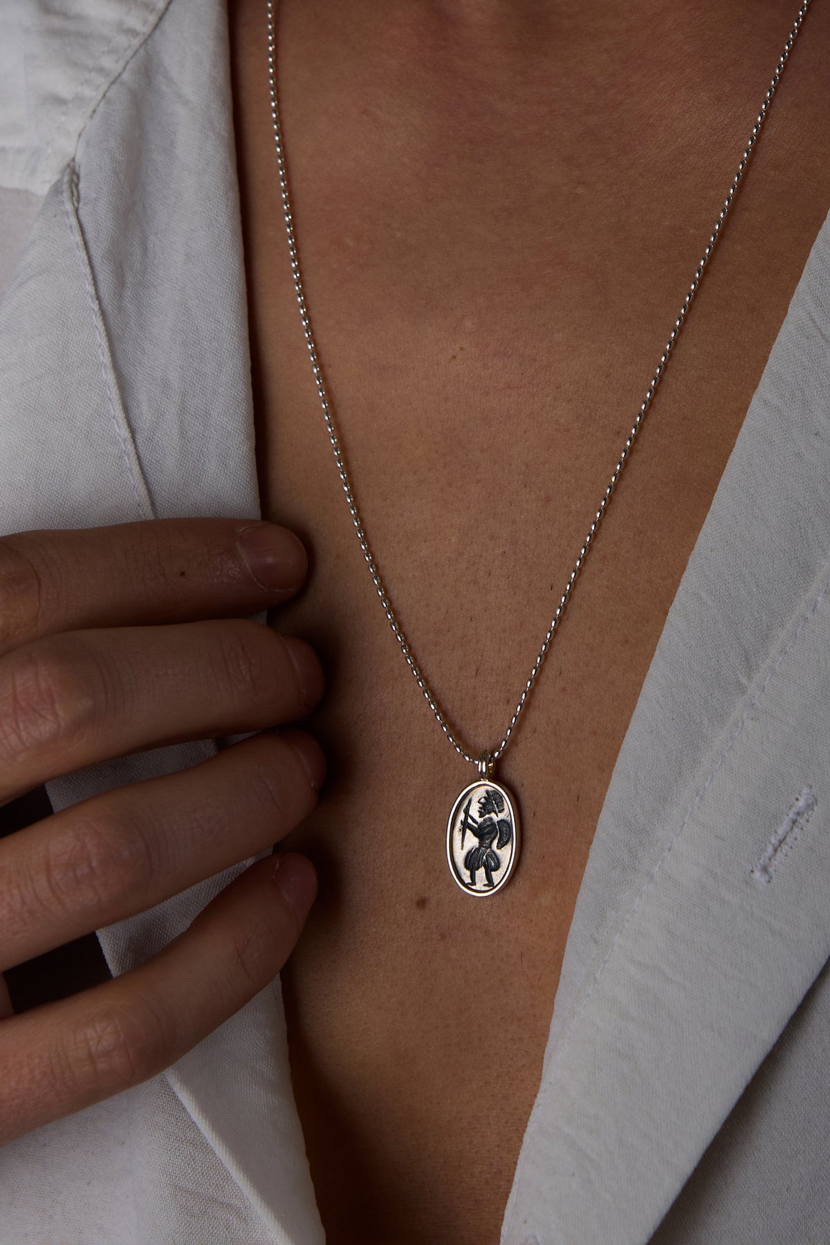 925 Sterling Silver Antique Warrior Flat Bead Necklace
